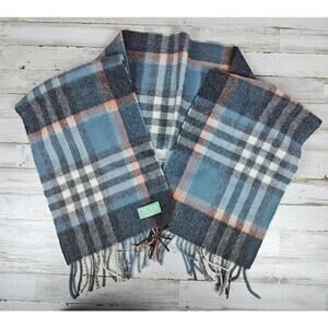 Loch Ness 100% Scottish Lambs Wool Tartan Scarf Gray Blue Orange Plaid